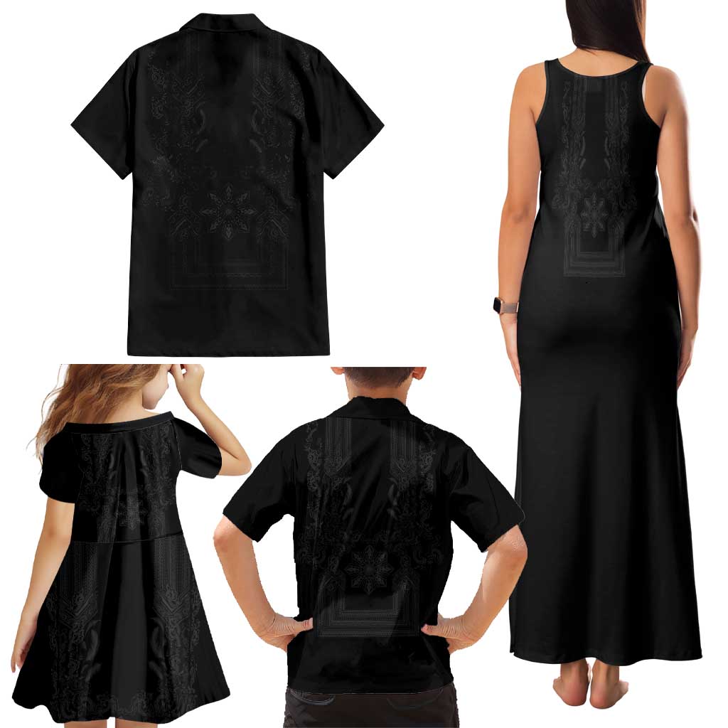 Philippines Barong Style Family Matching Tank Maxi Dress and Hawaiian Shirt with Polynesian Art and Leaf Motif Black Color LT03 - Polynesian Pride