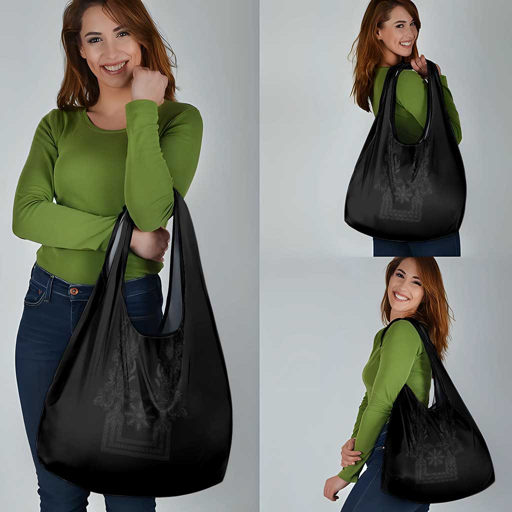 Philippines Barong Style Grocery Bag with Polynesian Art and Leaf Motif Black Color
