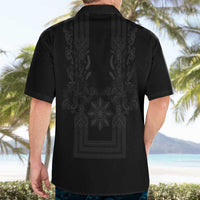 Philippines Barong Style Hawaiian Shirt with Polynesian Art and Leaf Motif Black Color