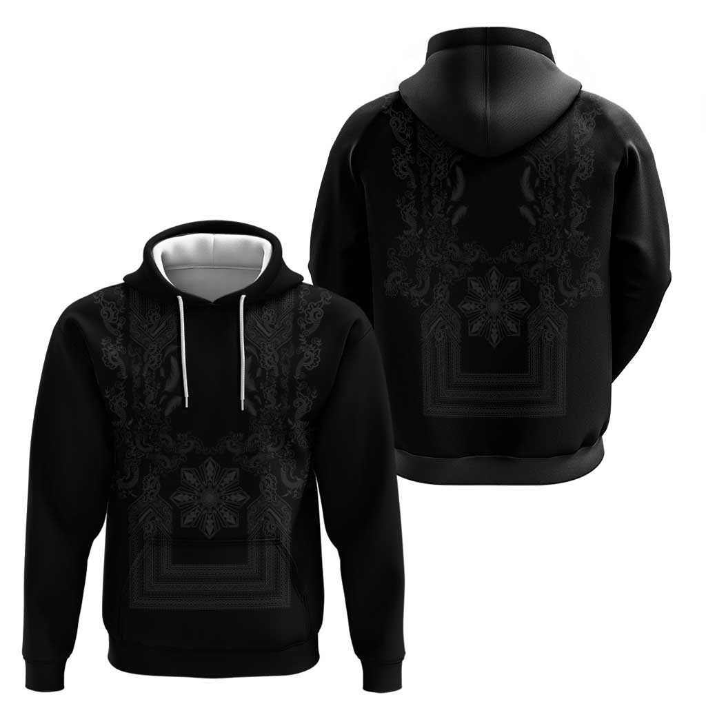 Philippines Barong Style Hoodie with Polynesian Art and Leaf Motif Black Color