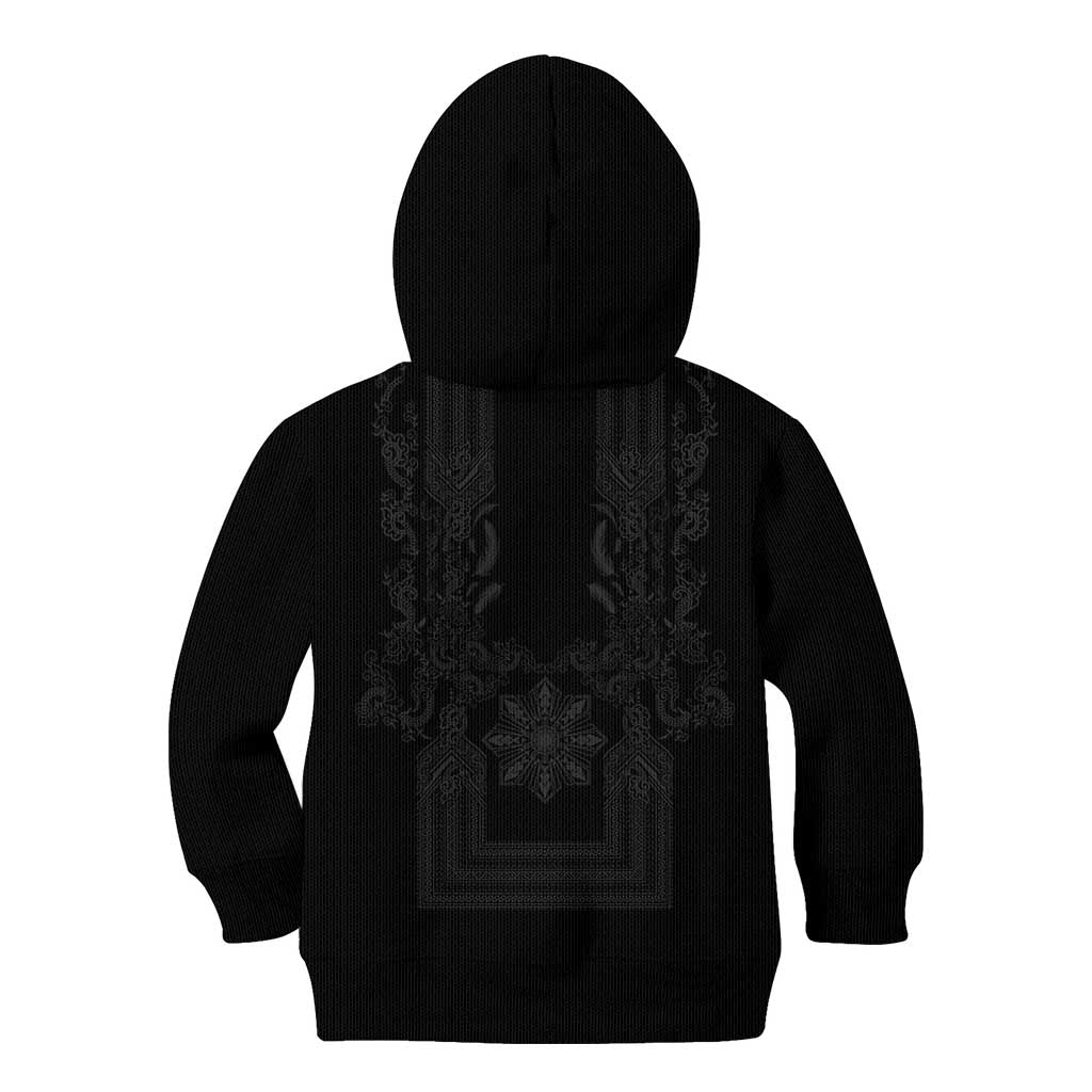 Philippines Barong Style Kid Hoodie with Polynesian Art and Leaf Motif Black Color