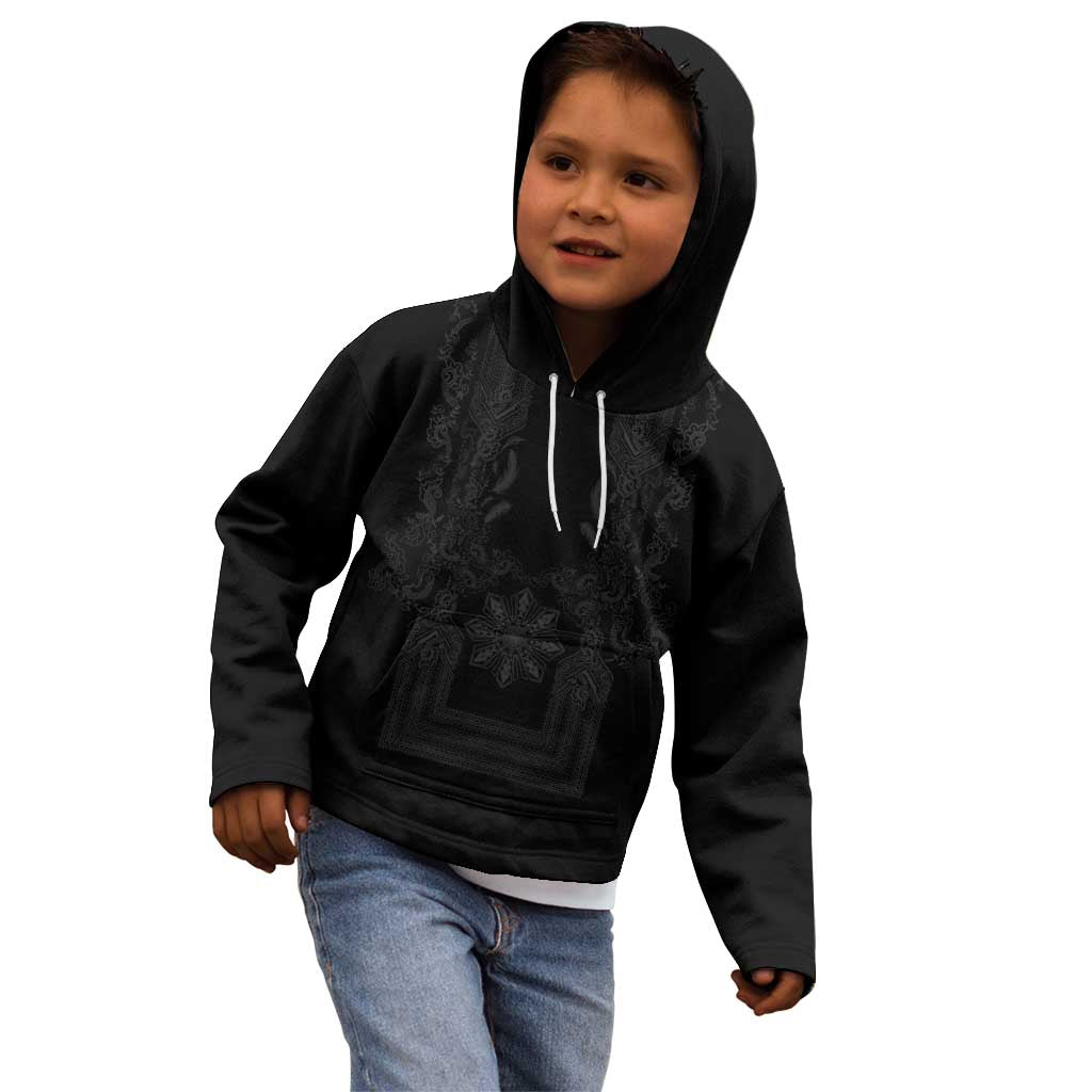 Philippines Barong Style Kid Hoodie with Polynesian Art and Leaf Motif Black Color