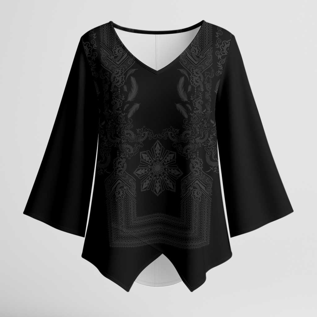 Philippines Barong Style Kimono Sleeve Blouse with Polynesian Art and Leaf Motif Black Color LT03 Female Black - Polynesian Pride