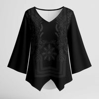 Philippines Barong Style Kimono Sleeve Blouse with Polynesian Art and Leaf Motif Black Color LT03 Female Black - Polynesian Pride