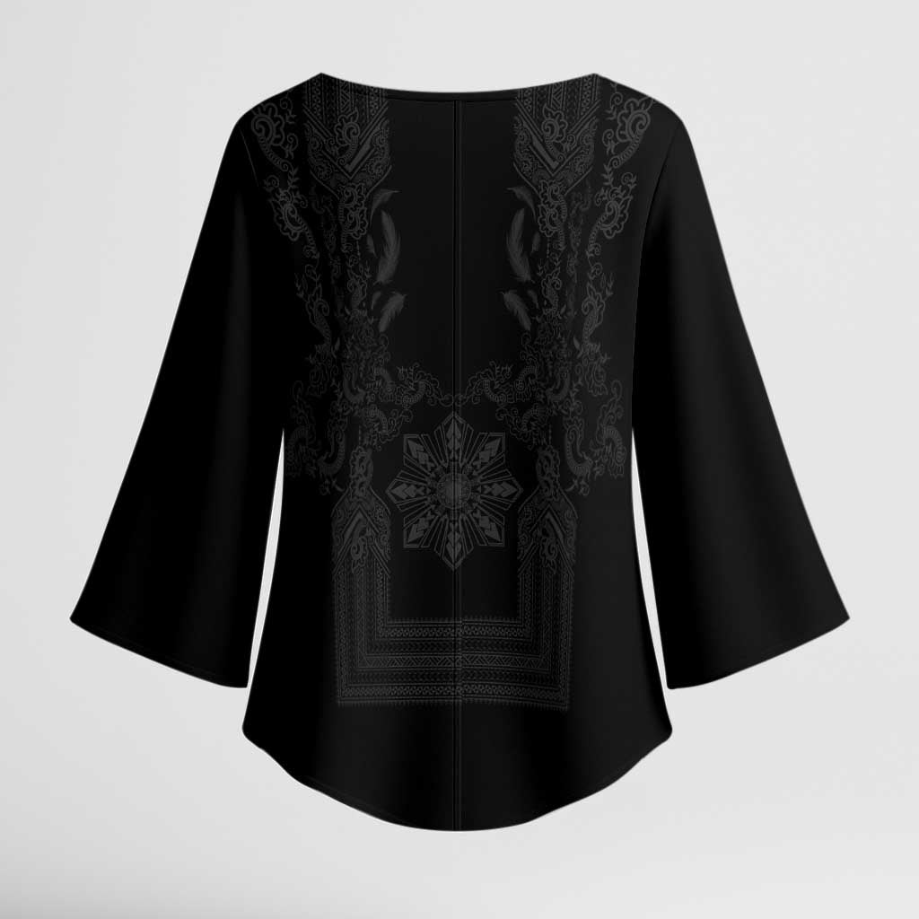 Philippines Barong Style Kimono Sleeve Blouse with Polynesian Art and Leaf Motif Black Color LT03 - Polynesian Pride