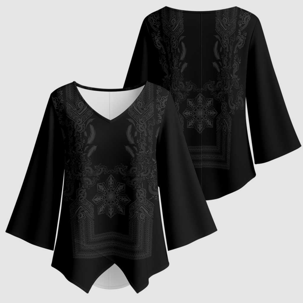 Philippines Barong Style Kimono Sleeve Blouse with Polynesian Art and Leaf Motif Black Color LT03 - Polynesian Pride