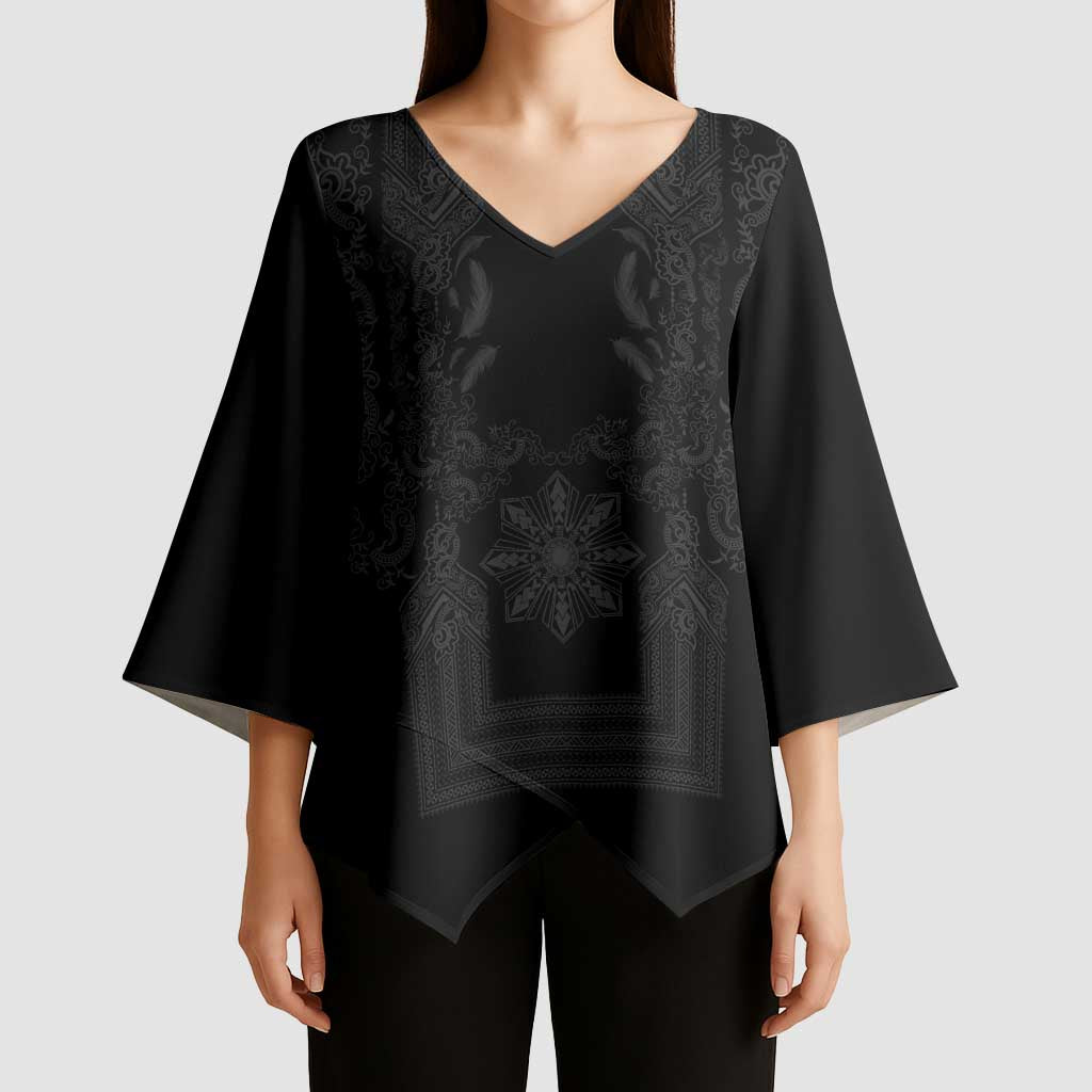 Philippines Barong Style Kimono Sleeve Blouse with Polynesian Art and Leaf Motif Black Color LT03 - Polynesian Pride
