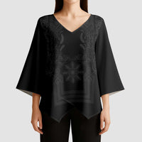 Philippines Barong Style Kimono Sleeve Blouse with Polynesian Art and Leaf Motif Black Color LT03 - Polynesian Pride