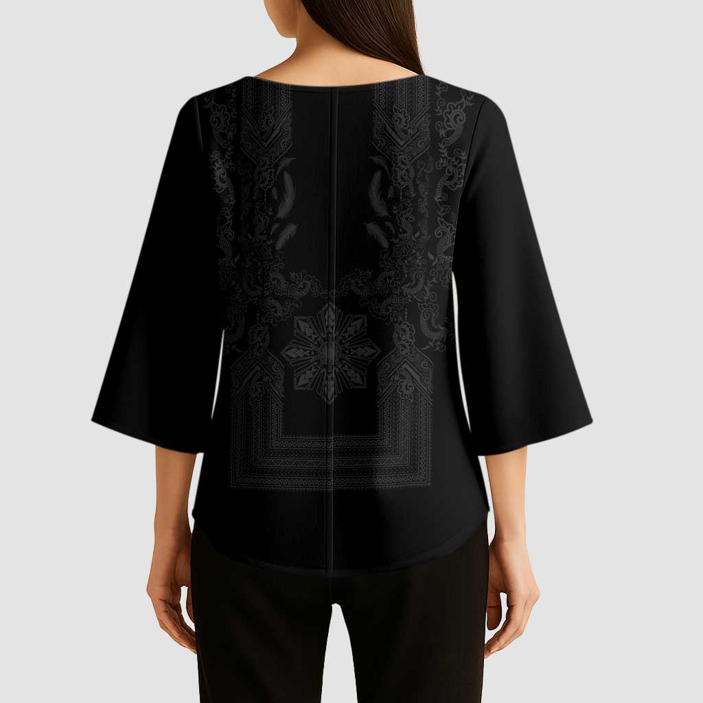 Philippines Barong Style Kimono Sleeve Blouse with Polynesian Art and Leaf Motif Black Color LT03 - Polynesian Pride