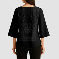 Philippines Barong Style Kimono Sleeve Blouse with Polynesian Art and Leaf Motif Black Color LT03 - Polynesian Pride