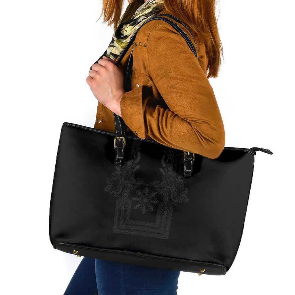 Philippines Barong Style Leather Tote Bag with Polynesian Art and Leaf Motif Black Color