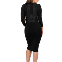 Philippines Barong Style Long Sleeve Bodycon Dress with Polynesian Art and Leaf Motif Black Color LT03 - Polynesian Pride