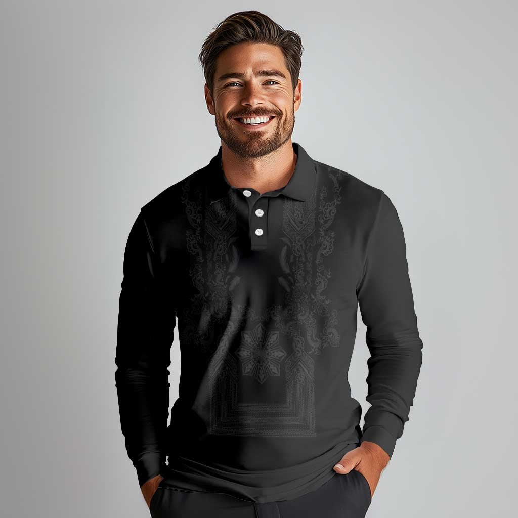 Philippines Barong Style Long Sleeve Polo Shirt with Polynesian Art and Leaf Motif Black Color