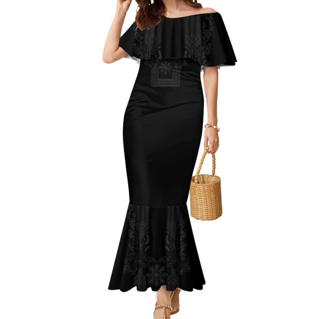 Philippines Barong Style Mermaid Dress with Polynesian Art and Leaf Motif Black Color