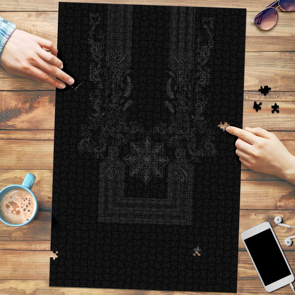 Philippines Barong Style Puzzle with Polynesian Art and Leaf Motif Black Color LT03 Black - Polynesian Pride