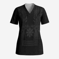 Philippines Barong Style Scrub Top with Polynesian Art and Leaf Motif Black Color