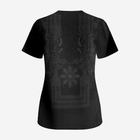 Philippines Barong Style Scrub Top with Polynesian Art and Leaf Motif Black Color