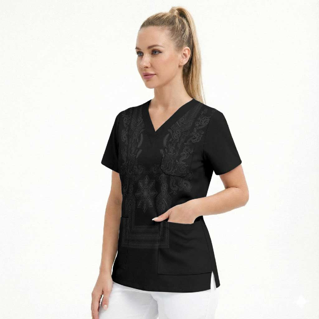 Philippines Barong Style Scrub Top with Polynesian Art and Leaf Motif Black Color