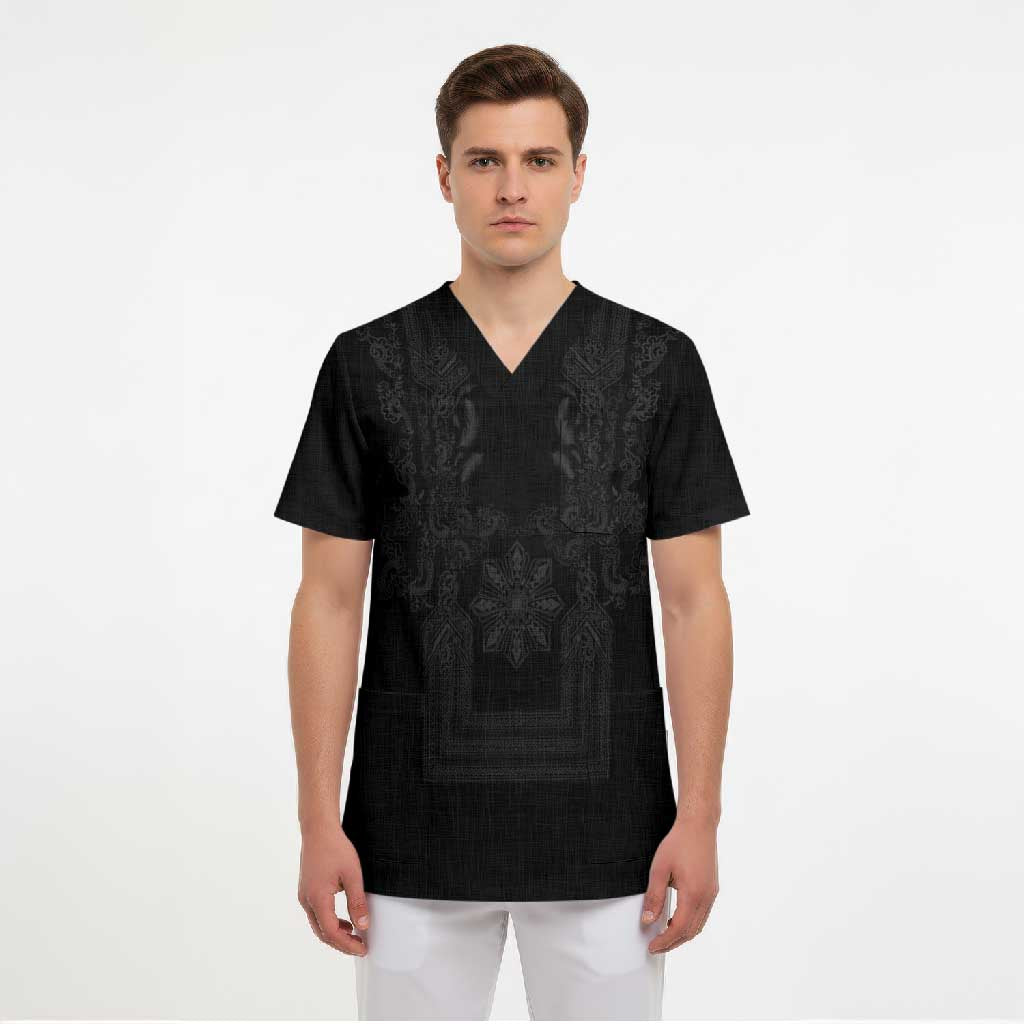 Philippines Barong Style Scrub Top with Polynesian Art and Leaf Motif Black Color