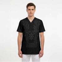 Philippines Barong Style Scrub Top with Polynesian Art and Leaf Motif Black Color