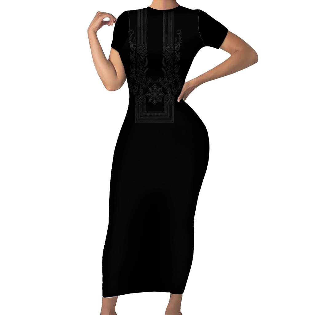 Philippines Barong Style Short Sleeve Bodycon Dress with Polynesian Art and Leaf Motif Black Color LT03 Long Dress Black - Polynesian Pride