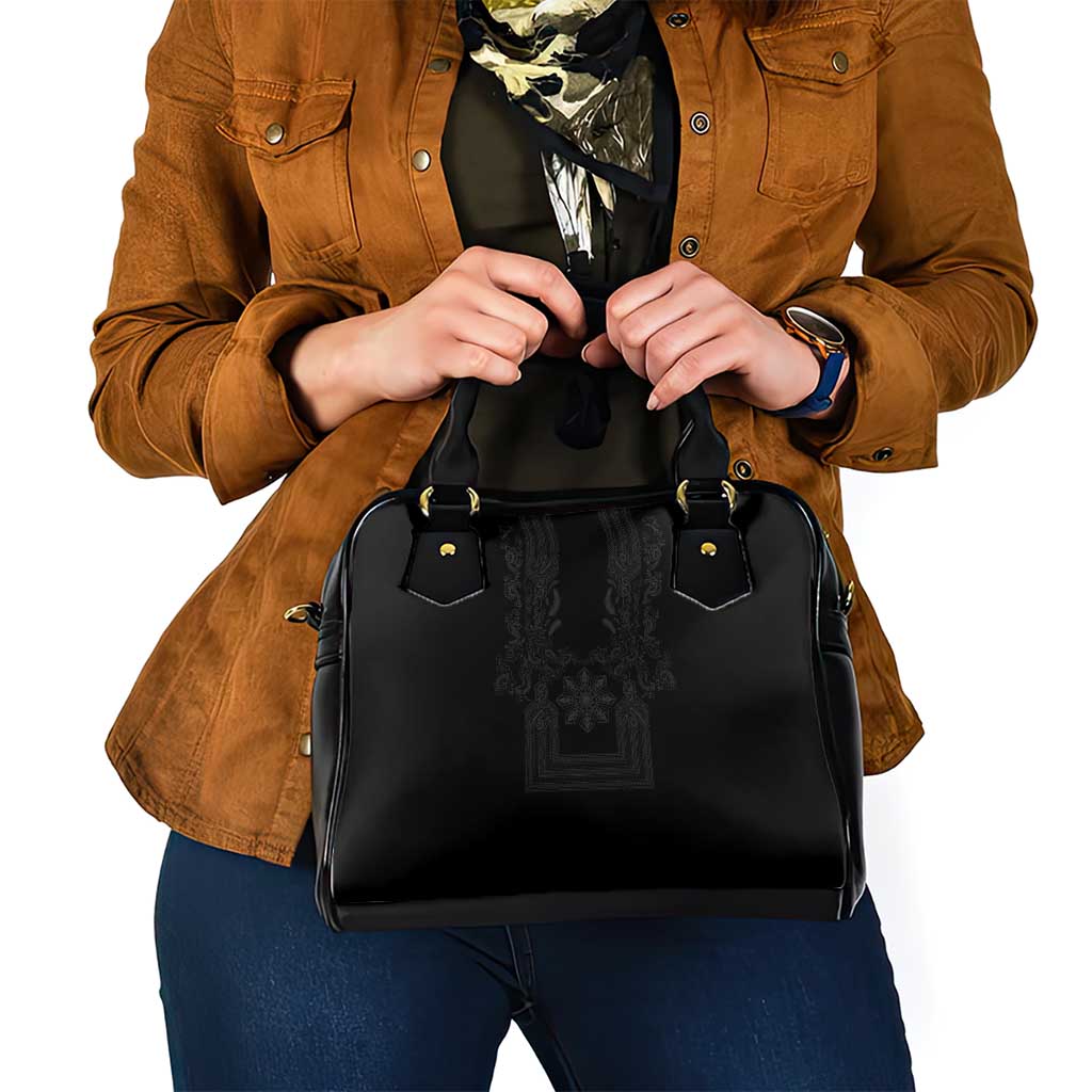 Philippines Barong Style Shoulder Handbag with Polynesian Art and Leaf Motif Black Color
