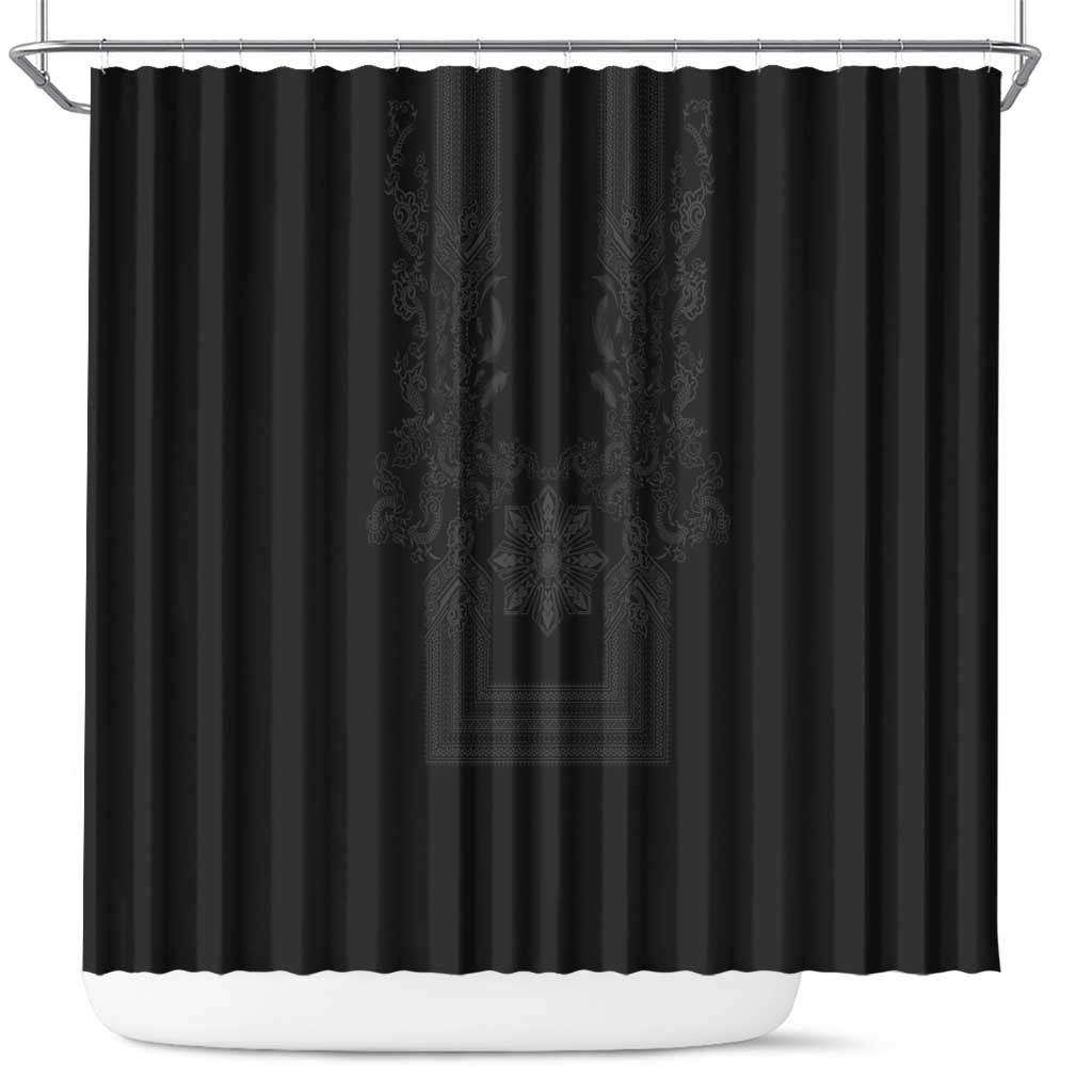 Philippines Barong Style Shower Curtain with Polynesian Art and Leaf Motif Black Color