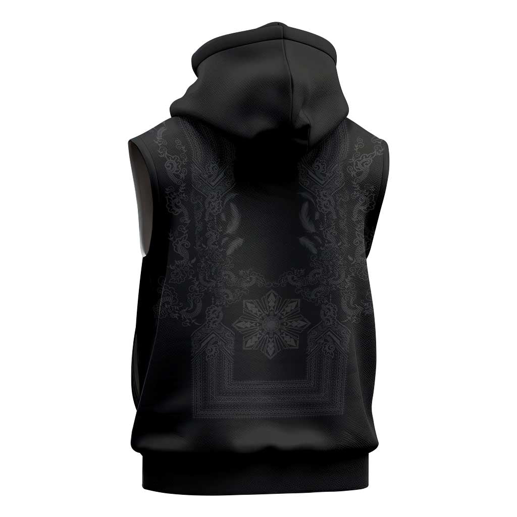 Philippines Barong Style Sleeveless Hoodie with Polynesian Art and Leaf Motif Black Color