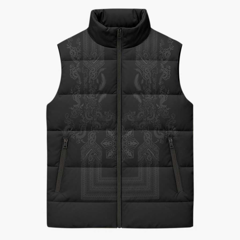 Philippines Barong Style Sleeveless Puffer Jacket with Polynesian Art and Leaf Motif Black Color LT03 Unisex Black - Polynesian Pride