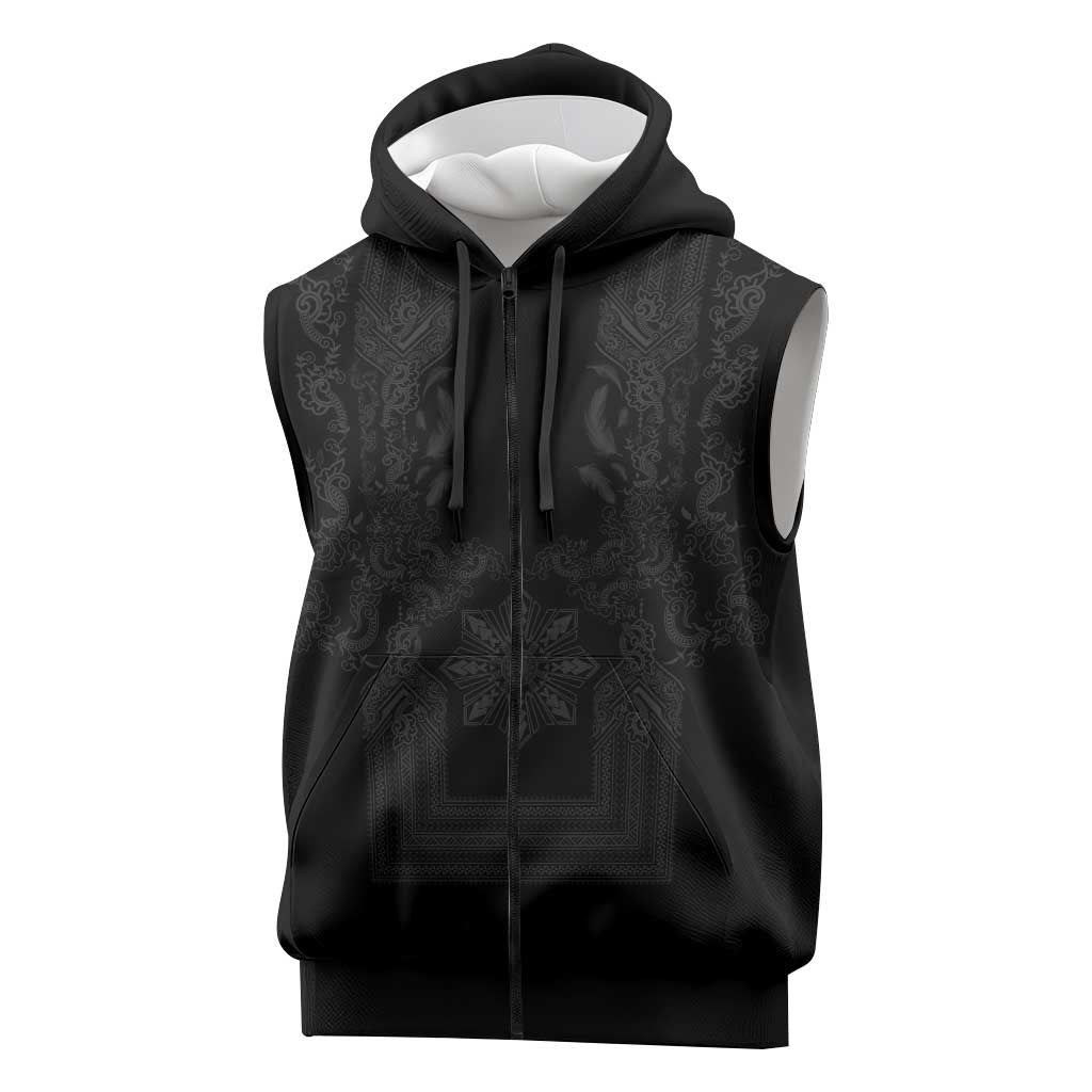 Philippines Barong Style Sleeveless Zip Hoodie with Polynesian Art and Leaf Motif Black Color LT03 Black - Polynesian Pride