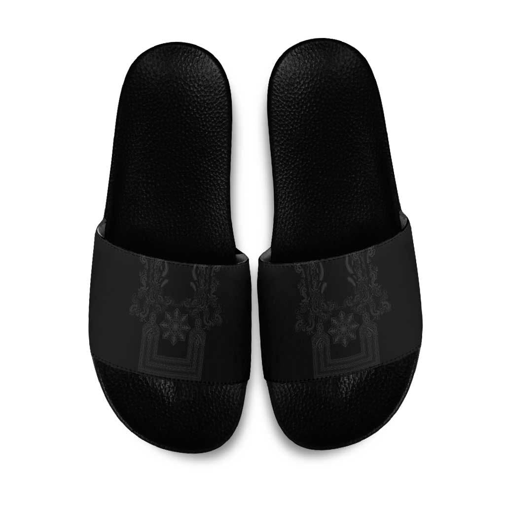 Philippines Barong Style Slide Sandals with Polynesian Art and Leaf Motif Black Color LT03 Black - Polynesian Pride