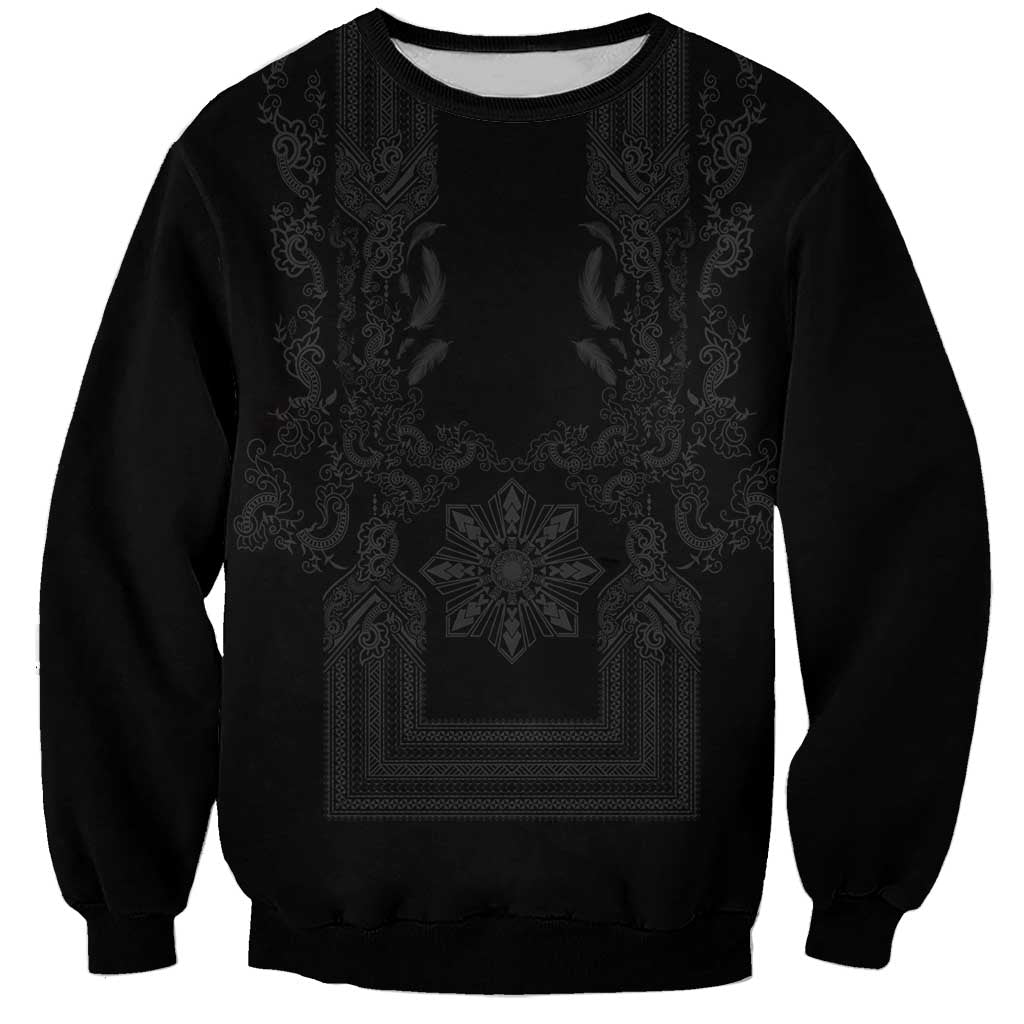 Philippines Barong Style Sweatshirt with Polynesian Art and Leaf Motif Black Color