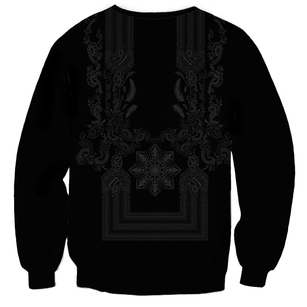 Philippines Barong Style Sweatshirt with Polynesian Art and Leaf Motif Black Color
