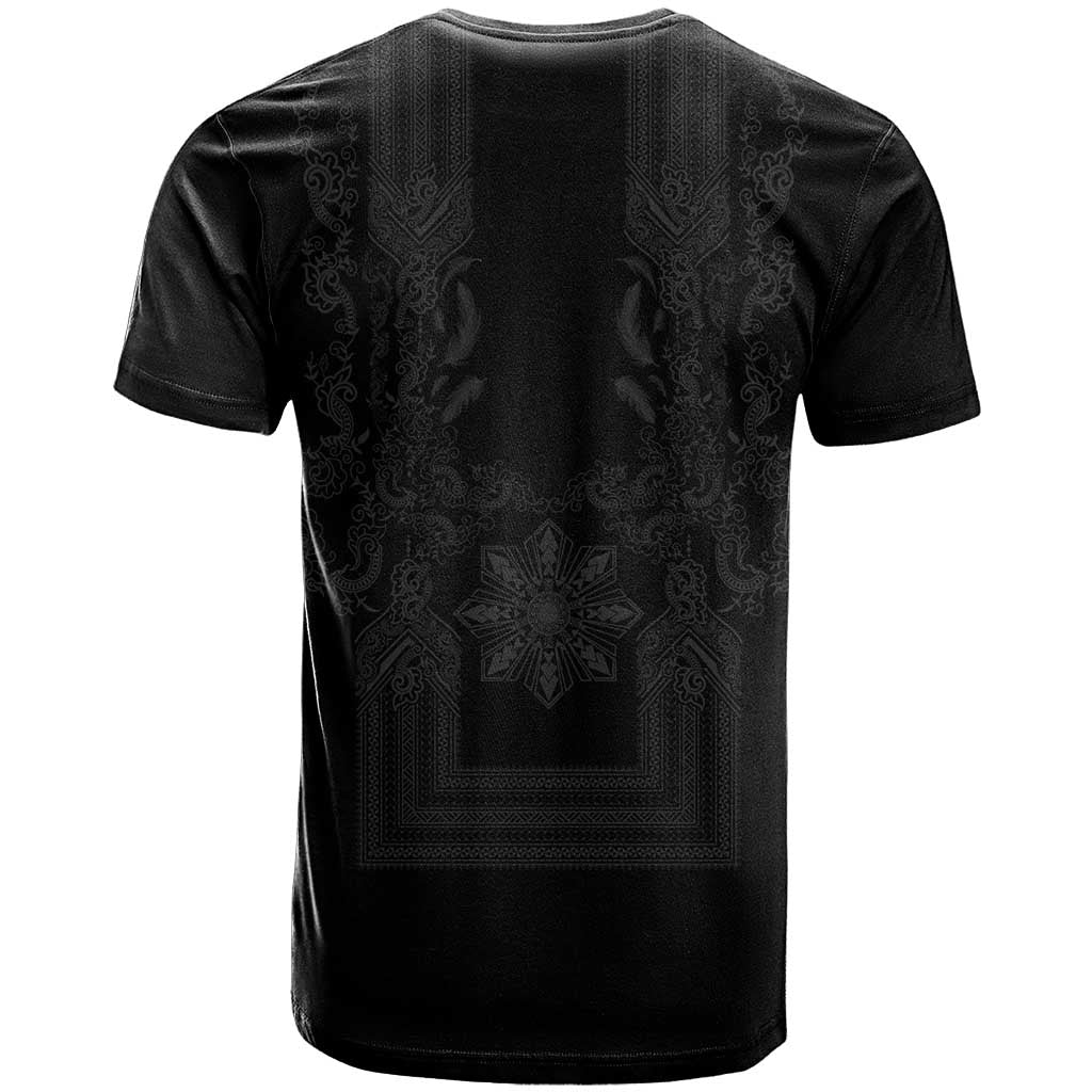 Philippines Barong Style T Shirt with Polynesian Art and Leaf Motif Black Color