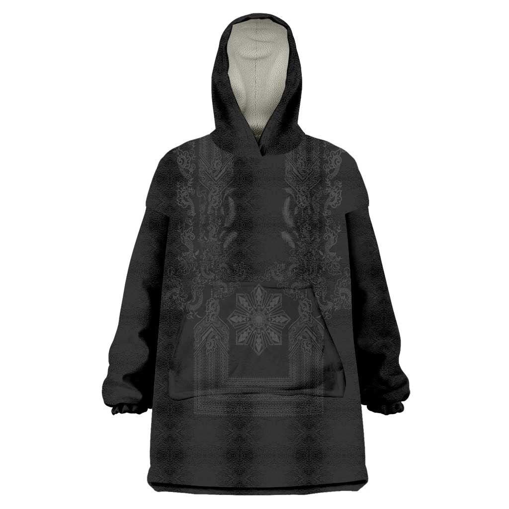 Philippines Barong Style Wearable Blanket Hoodie with Polynesian Art and Leaf Motif Black Color LT03 One Size Black - Polynesian Pride
