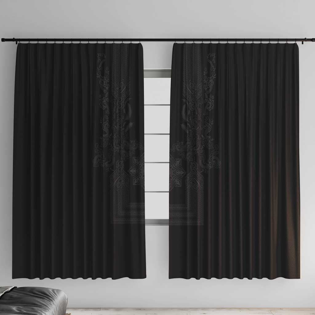 Philippines Barong Style Window Curtain with Polynesian Art and Leaf Motif Black Color