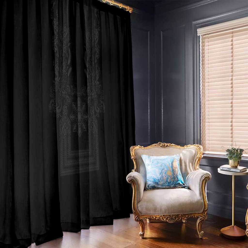 Philippines Barong Style Window Curtain with Polynesian Art and Leaf Motif Black Color