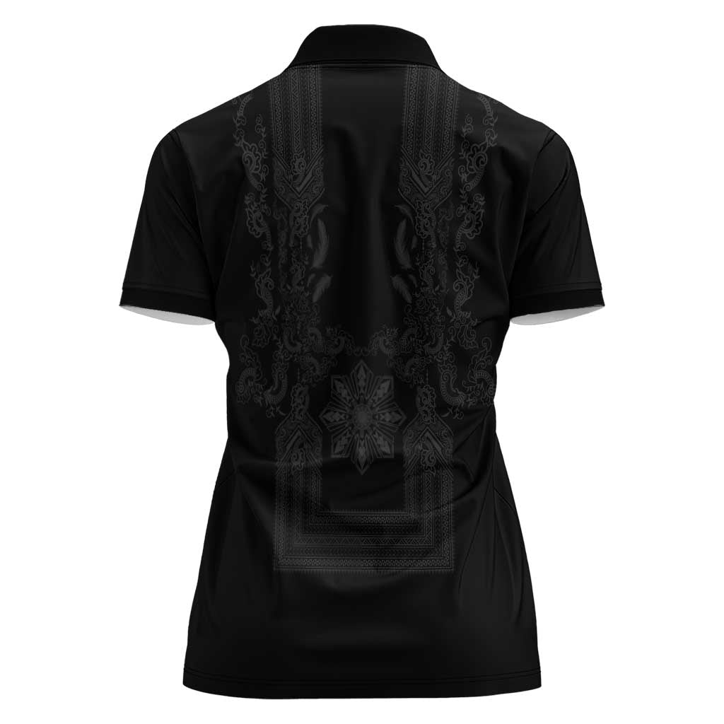 Philippines Barong Style Women Polo Shirt with Polynesian Art and Leaf Motif Black Color LT03 - Polynesian Pride
