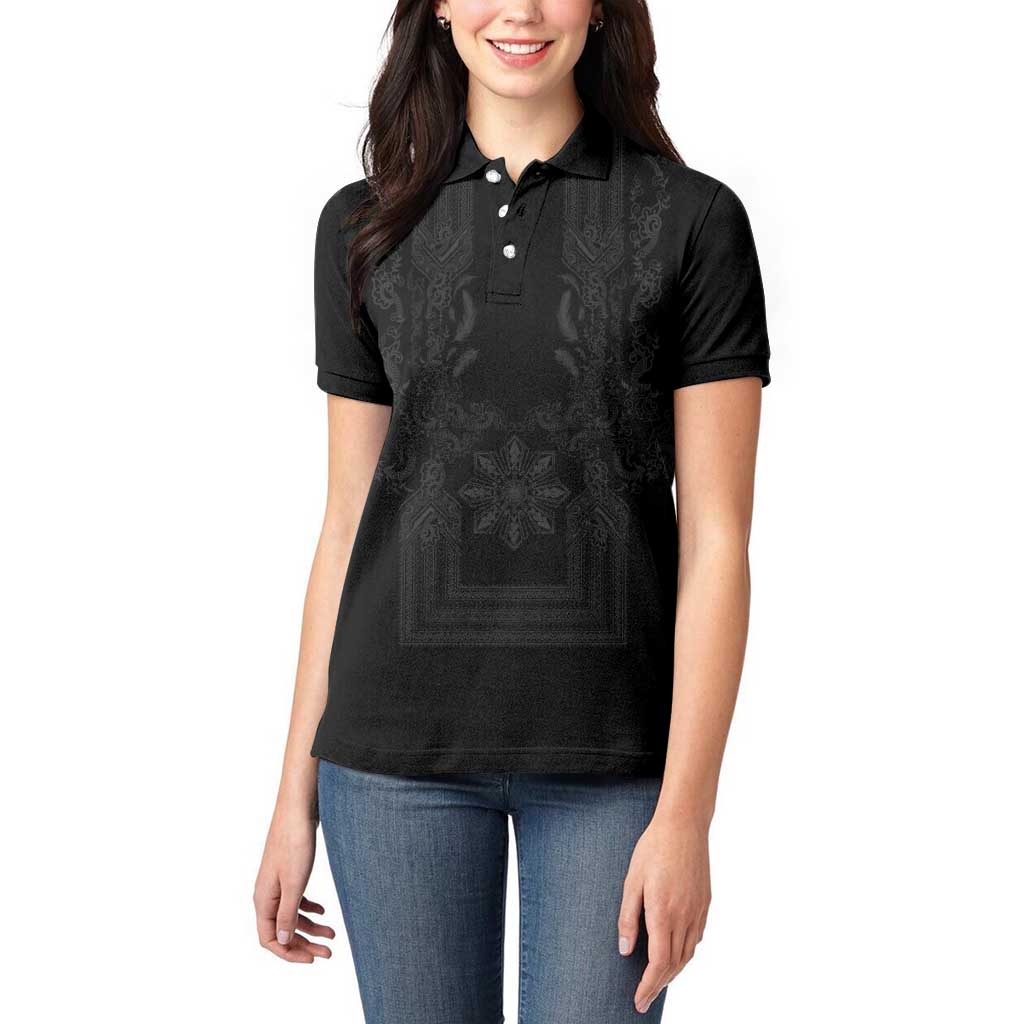 Philippines Barong Style Women Polo Shirt with Polynesian Art and Leaf Motif Black Color LT03 - Polynesian Pride