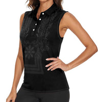Philippines Barong Style Women Sleeveless Polo Shirt with Polynesian Art and Leaf Motif Black Color LT03 - Polynesian Pride