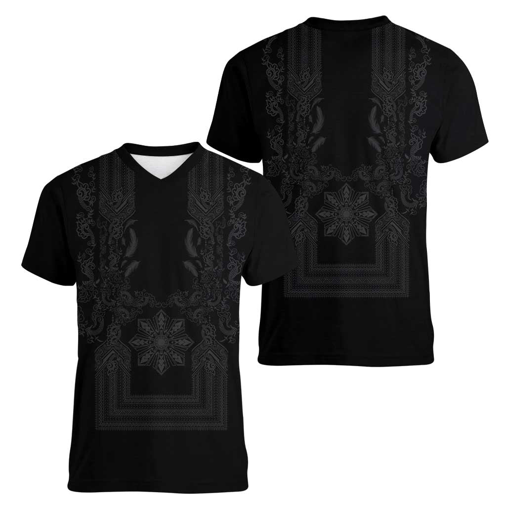 Philippines Barong Style Women V-Neck T-Shirt with Polynesian Art and Leaf Motif Black Color LT03 - Polynesian Pride