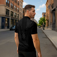 Philippines Barong Style Zipper Polo Shirt with Polynesian Art and Leaf Motif Black Color