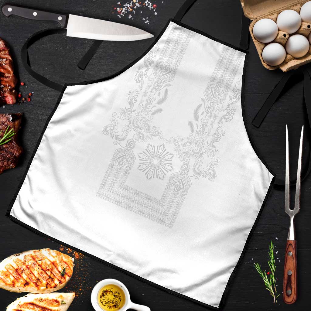 Philippines Barong Style Apron with Polynesian Art and Leaf Motif White Color