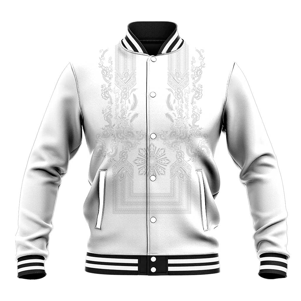 Philippines Barong Style Baseball Jacket with Polynesian Art and Leaf Motif White Color LT03 Unisex White - Polynesian Pride
