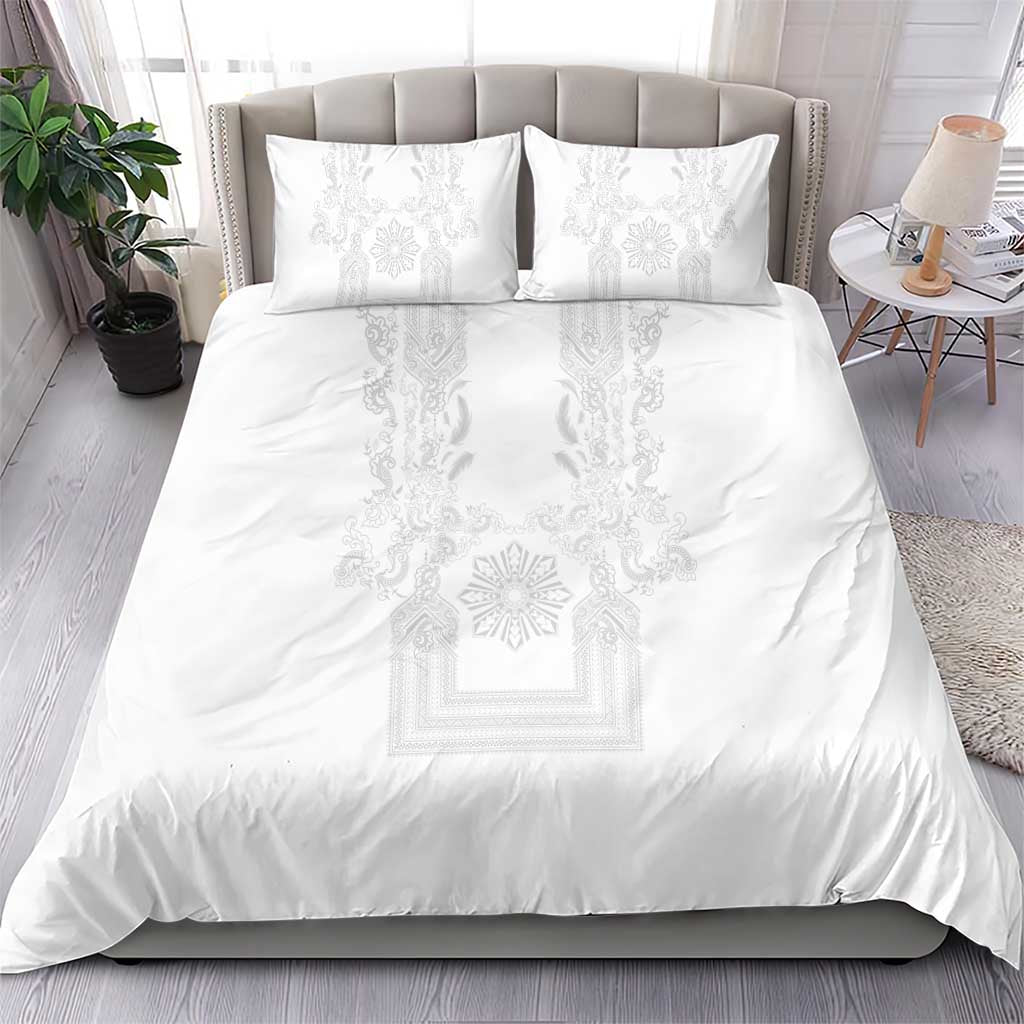 Philippines Barong Style Bedding Set with Polynesian Art and Leaf Motif White Color