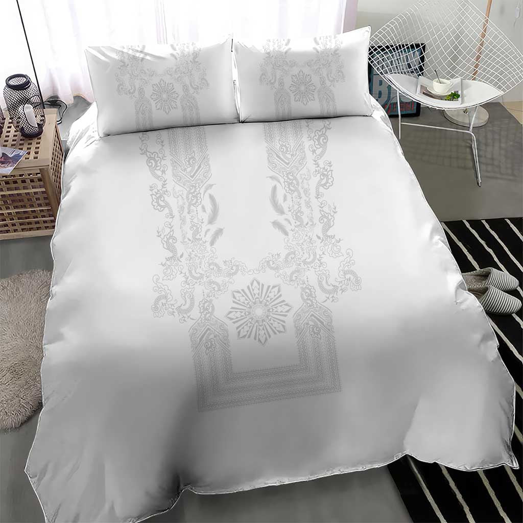 Philippines Barong Style Bedding Set with Polynesian Art and Leaf Motif White Color