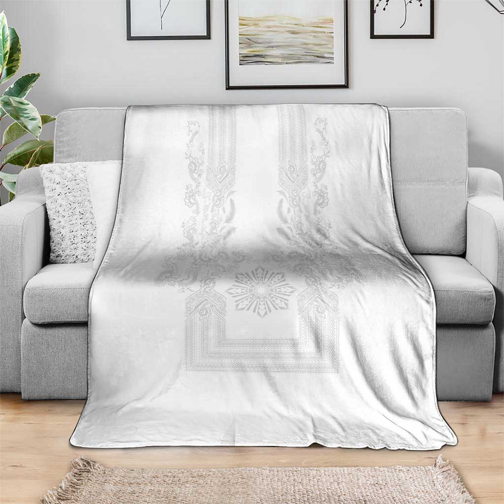 Philippines Barong Style Blanket with Polynesian Art and Leaf Motif White Color