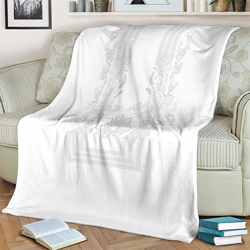 Philippines Barong Style Blanket with Polynesian Art and Leaf Motif White Color