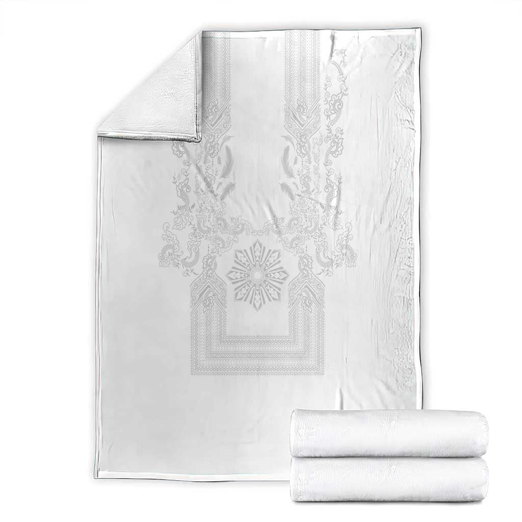 Philippines Barong Style Blanket with Polynesian Art and Leaf Motif White Color