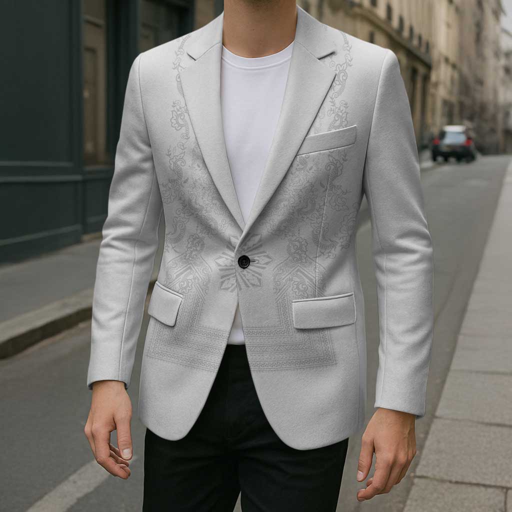 Philippines Barong Style Blazer with Polynesian Art and Leaf Motif White Color LT03 - Polynesian Pride